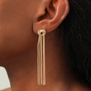 Copper 14K Gold Plated Snake Bone Chain Tassel Knotted Long Drop Earrings For Women Fashion Jewelry Party Wedding Gift