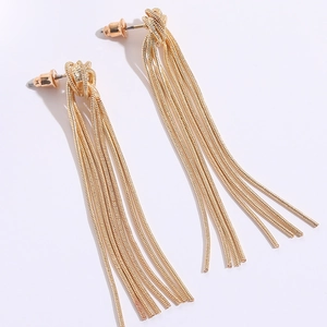 Detail of 14K gold plated snake chain tassel drop earrings with an elegant knot design