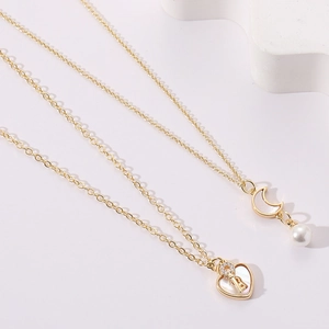 Minimalist 14K Gold Plated Copper Heart Key Moon Shell Zircon Pendant Necklace With Artificial Pearl Elegant Jewelry For Women