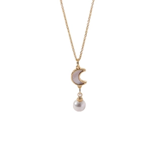 Pink shell moon pendant necklace with white pearl on a delicate gold chain