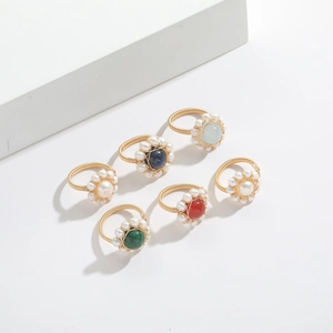 Set of six 14k gold-filled wire wrapped rings with natural gemstones and freshwater pearls