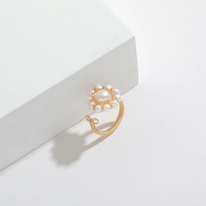 Elegant 14k gold filled natural stone freshwater pearl flower ring with adjustable wire