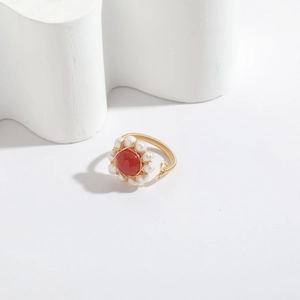 Handmade 14k gold filled ring with red agate gemstone and natural freshwater pearls