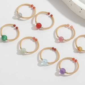 Vintage 14K Gold Plated Copper Wire Wrapped Adjustable Ring Natural Stone Beads Handmade Bohemian Jewelry For Women Daily Party Gift