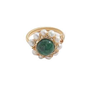 Handcrafted 14k gold filled natural green stone ring with white pearls and wire wrap