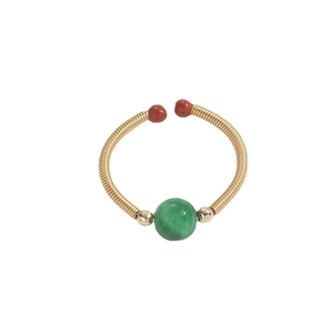 Retro 14k gold plated wire ring featuring a large green natural stone and red bead accents