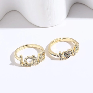 Bague Ajustable Coeur Lettre LOVE en Cuivre Plaqué Or 14K Incrustée de Zircone Colorée Blanche Bijoux de Mode Romantique Femme