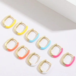 French Style U-Shaped Enamel Hoop Earrings 14K Gold Plated Copper Geometric Oval Ear Buckle Minimalist Jewelry For Women