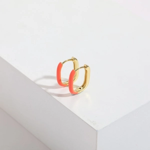Minimalist U-shaped gold plated earrings with vibrant orange coral enamel inlay