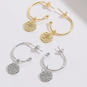Starburst Zirconia Inlaid Copper Dangle Earrings 14K Gold Real Platinum Plated Round Hoop Star Compass Pendant Earrings Women Jewelry