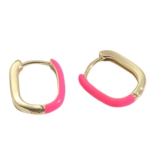French U-shaped oval earrings in 14K gold-plated copper with hot pink enamel accents