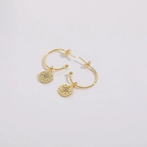 Detailed macro view of 14K gold plated hoop earrings with starburst zircon charms