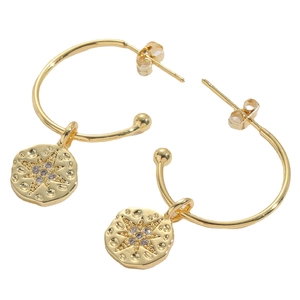 Elegant 14K gold plated hoop earrings with starburst coin pendant and cubic zirconia