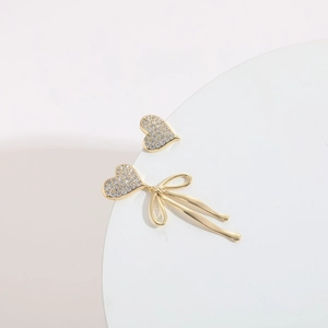 Minimalist 14K gold plated asymmetric heart bow earrings with tassel and white zircons