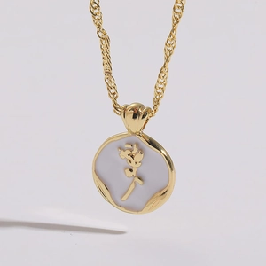 14K gold plated rose flower pendant necklace with white enamel inlay for women