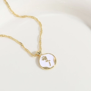 14K Gold Plated Copper Rose Flower Coin Pendant Necklace French Vintage White Enamel Zirconia Jewelry For Women Gift