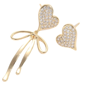 Gold heart bow earrings with asymmetric design and sparkling zircon pavé setting