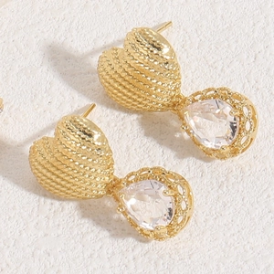 Elegant 14K gold plated heart stud earrings with rope texture and pear-shaped zircon drops