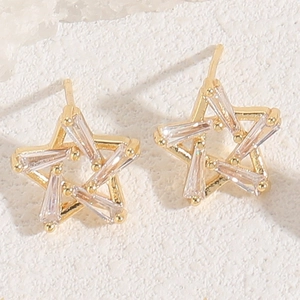 Macro shot of gold-plated star earrings featuring clear rectangular zircon and tiny gold beads