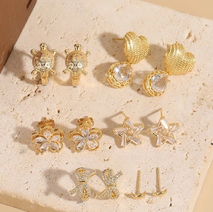 Geometric Copper Zirconia Earrings Minimalist Light Luxury Gold Plated Animals Floral Heart Star Bow Moon Stud Earrings For Women