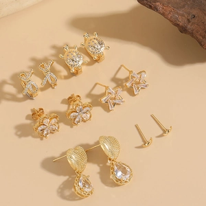 Set of 6 pairs minimalist gold earrings with geometric zircon and animal patterns