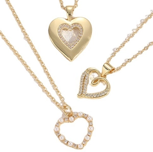 Three-piece gold heart necklace set with zircon and pearl pendants on elegant chains