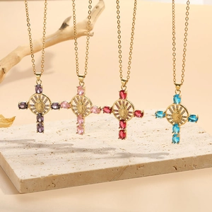 Religious 14K gold plated cross necklaces with zircon and Virgin Mary relief in four colors