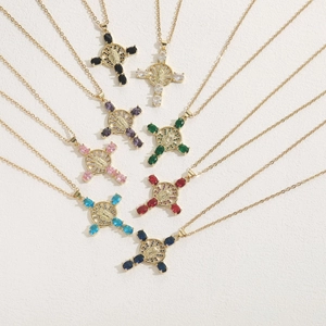 14K gold plated cross pendant necklaces set with colorful cubic zirconia and relief