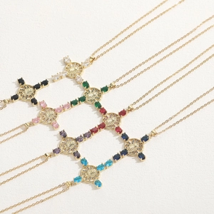 14K gold plated cross and icon disc pendant necklace set with colorful zircon stones