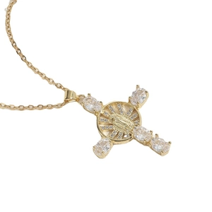 Luxurious 14K gold plated cross necklace with Virgin Mary relief and clear zircon stones