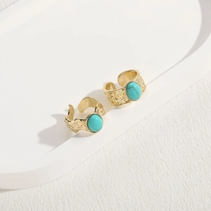 Bohemian turquoise rings with hammered gold texture and adjustable open bands