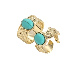Bohemian gold rings with turquoise stones and textured wavy bands for women