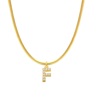 Collana a catena serpente dorata con pendente a lettera F con diamanti scintillanti