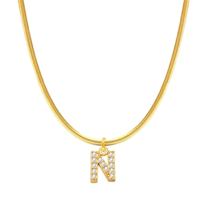 Collana a catena serpente dorata con ciondolo a lettera N tempestato di cristalli
