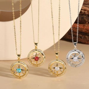 Compass Pendant Necklace 14K Gold Plated Copper Zirconia Inlaid I'd Be Lost Without You Engraved Personalized Jewelry For Women