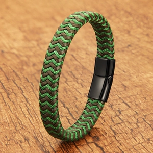 Handmade woven green and brown titanium steel cord bracelet with black magnetic clasp