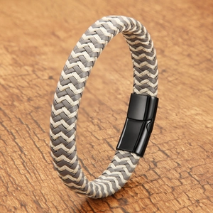 Braided leather bracelet for men with grey and white weave and black magnetic clasp