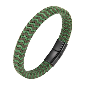Men's woven leather cord bracelet with green and brown fibers and black magnetic clasp