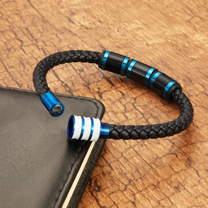 Mens blue and black braided leather bracelet with magnetic clasp and steel accents