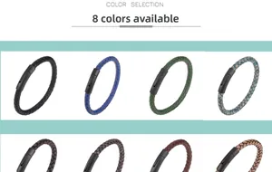 Dettaglio di otto colori di bracciali in pelle intrecciata con chiusura magnetica opaca