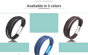 Men's multi-layered braided leather bracelets with magnetic clasps in five colors