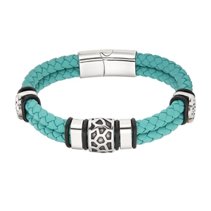 Bracelet en cuir tressé bleu avec fermoir magnétique géométrique en acier pour hommes