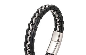 Close-up of men's black leather woven bracelet with integrated silver chain and magnetic clasp