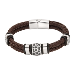 Bracelet pour homme en cuir tressé marron avec perles géométriques en acier et fermoir magnétique