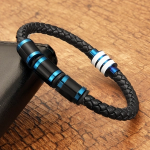 Blue and black braided leather bracelet for men with stainless steel magnetic clasp