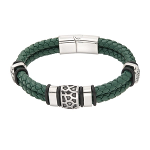 Bracelet pour homme en cuir tressé vert foncé avec fermoir magnétique en acier géométrique