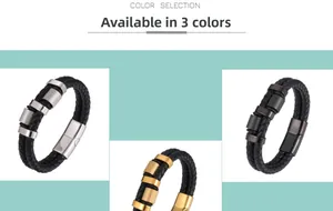 Detail view of mens braided leather bracelet with magnetic clasp in silver gold and black
