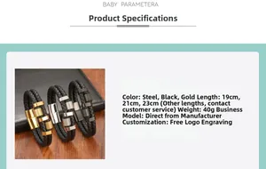 Braided leather bracelet for men with magnetic metal clasp in steel black and gold colors