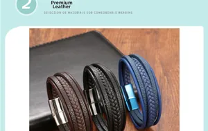 Close-up of triple-layer braided leather bracelet with stainless steel magnetic clasp