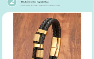 Detail of 316L stainless steel magnetic clasp on braided leather bracelet for men